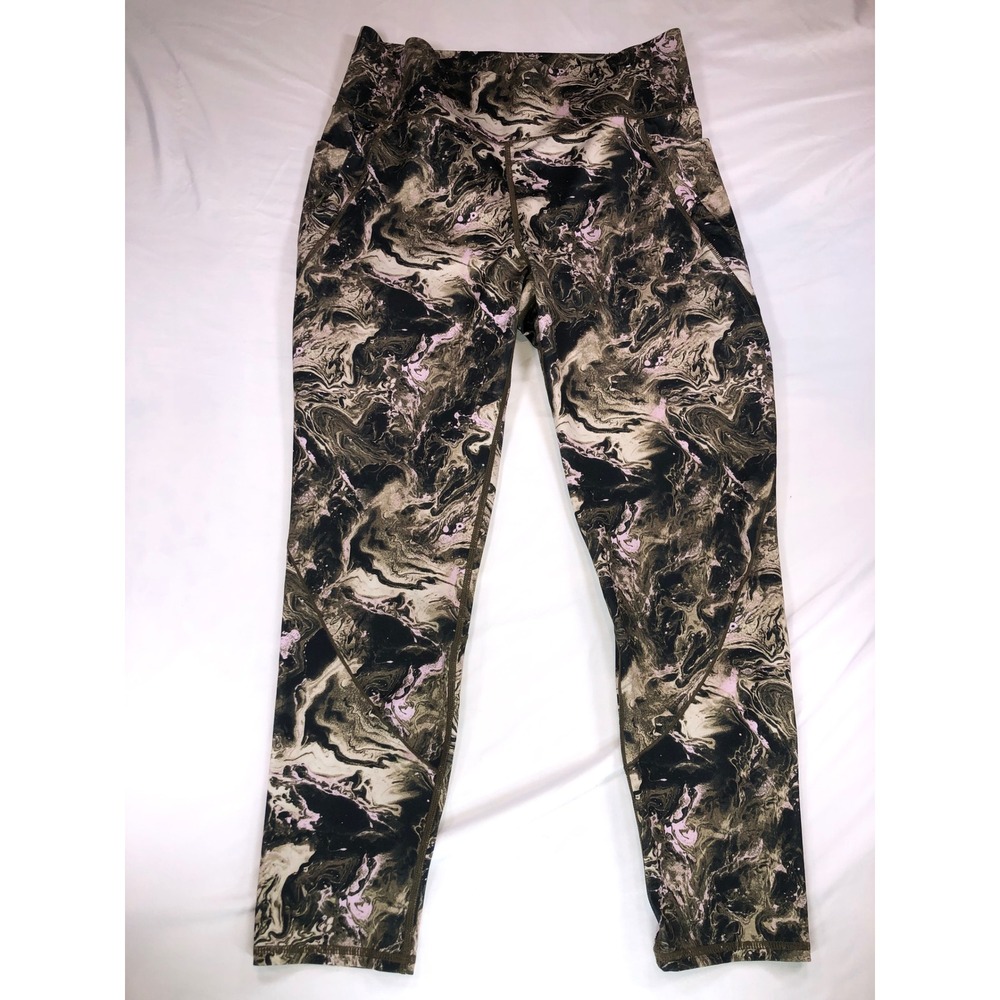 FLX Womens High Rise Marble‎ Swirl Print Active Jogger Leggings Green Black Sz L